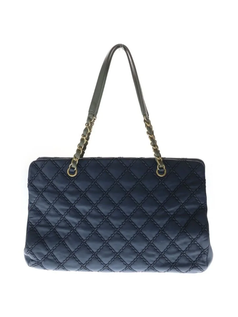 Chanel Wild Stitch Quilted Leather Chain Shoulder Tote Bag Gold Navy 19